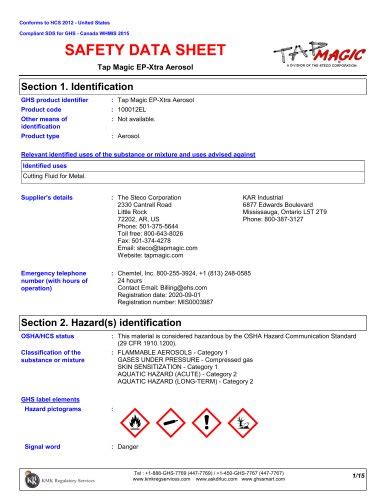 Tap magic ep xtra tapping lubricant safety data sheet